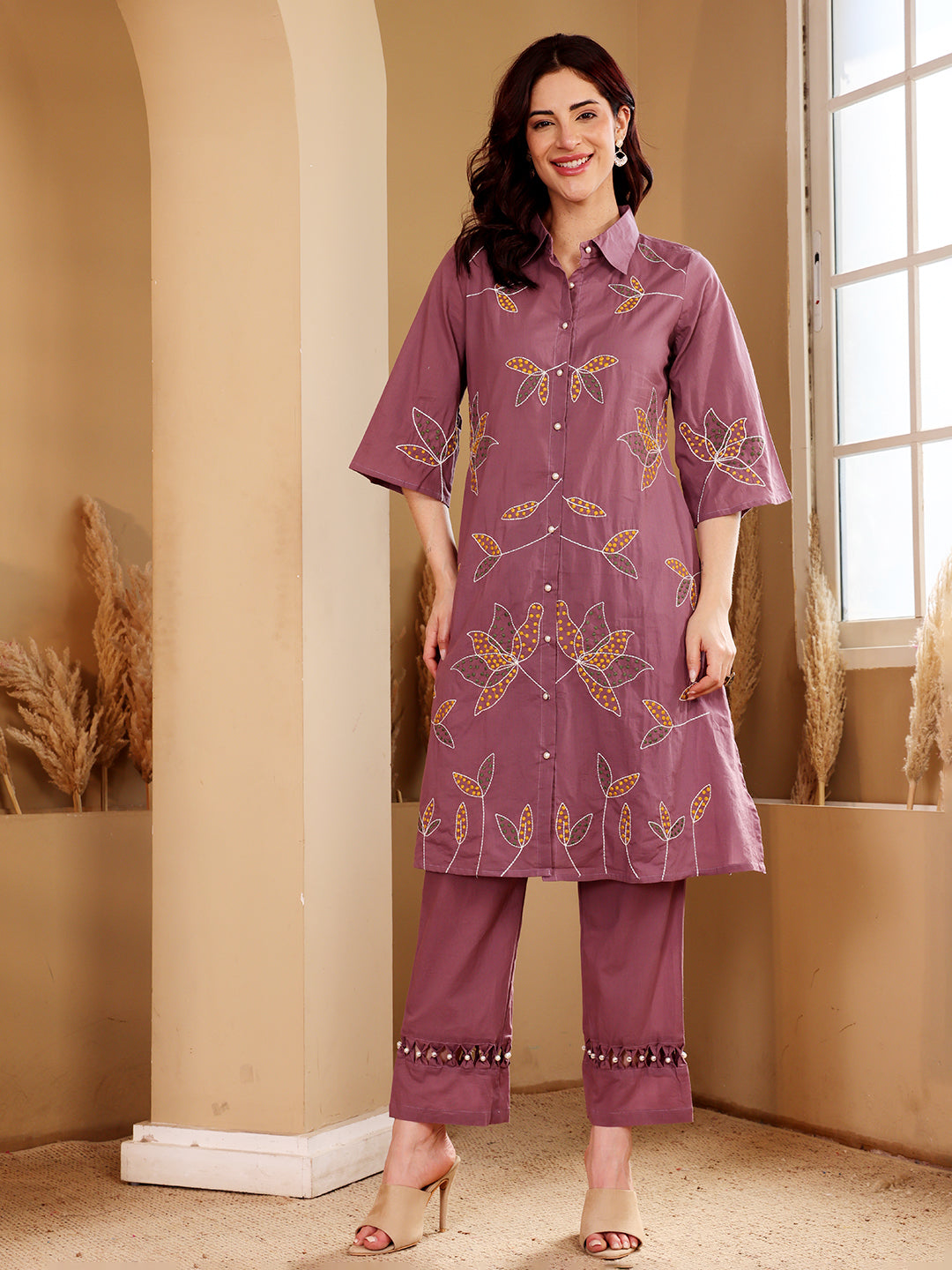 Purple Embroidered Leaf Motif Cotton Kurta Set For Women