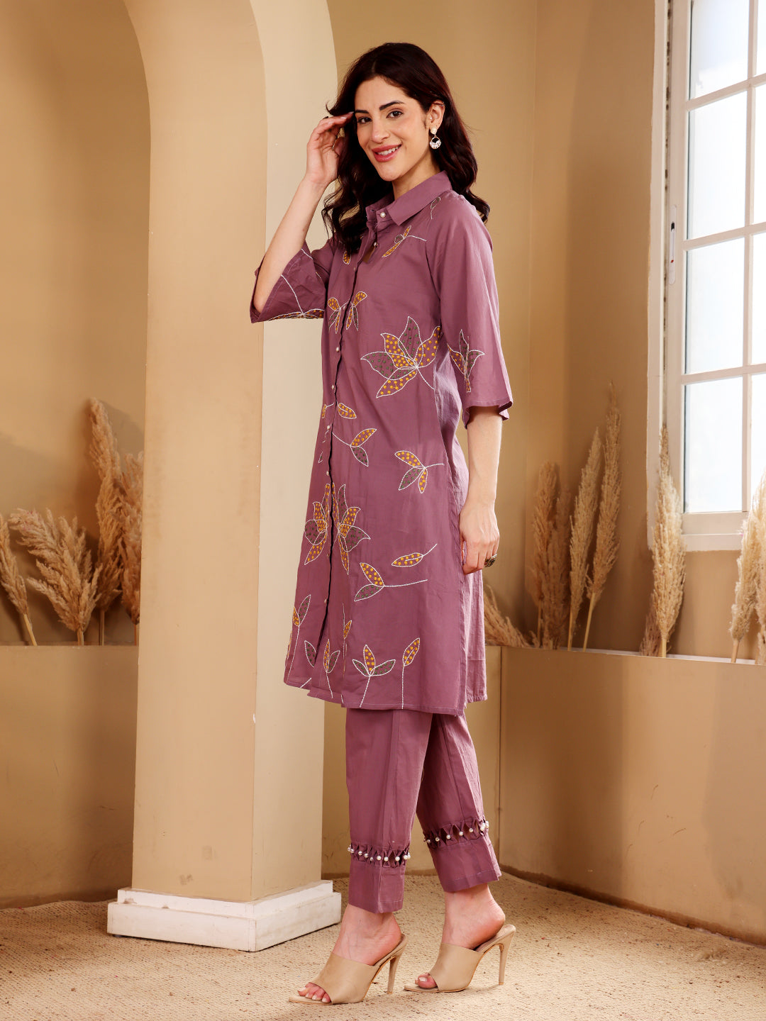 Purple Embroidered Leaf Motif Cotton Kurta Set For Women