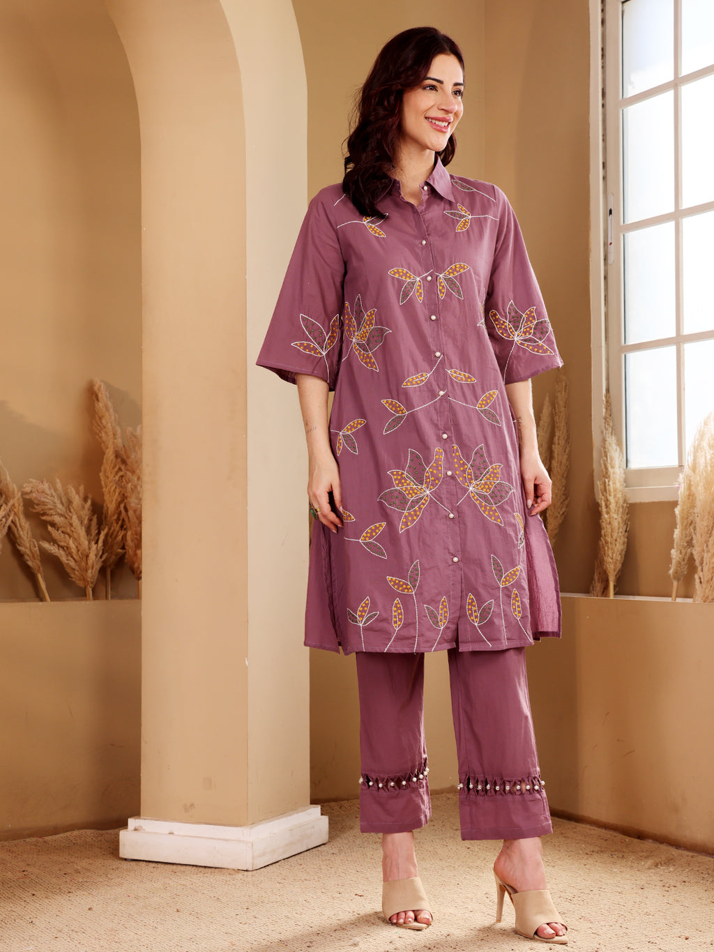 Purple Embroidered Leaf Motif Cotton Kurta Set For Women
