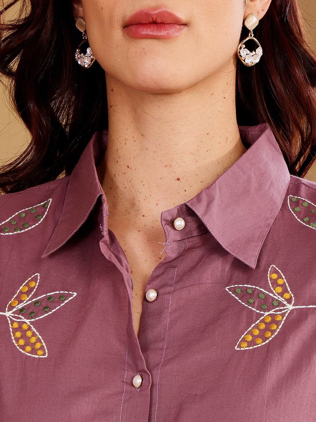 Purple Embroidered Leaf Motif Cotton Kurta Set For Women