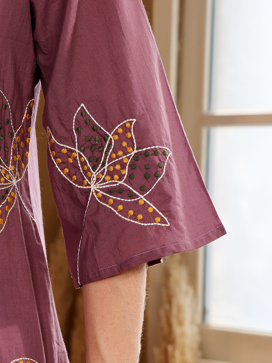 Purple Embroidered Leaf Motif Cotton Kurta Set For Women
