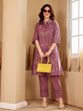 Purple Embroidered Leaf Motif Cotton Kurta Set For Women