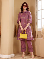 Purple Embroidered Leaf Motif Cotton Kurta Set For Women
