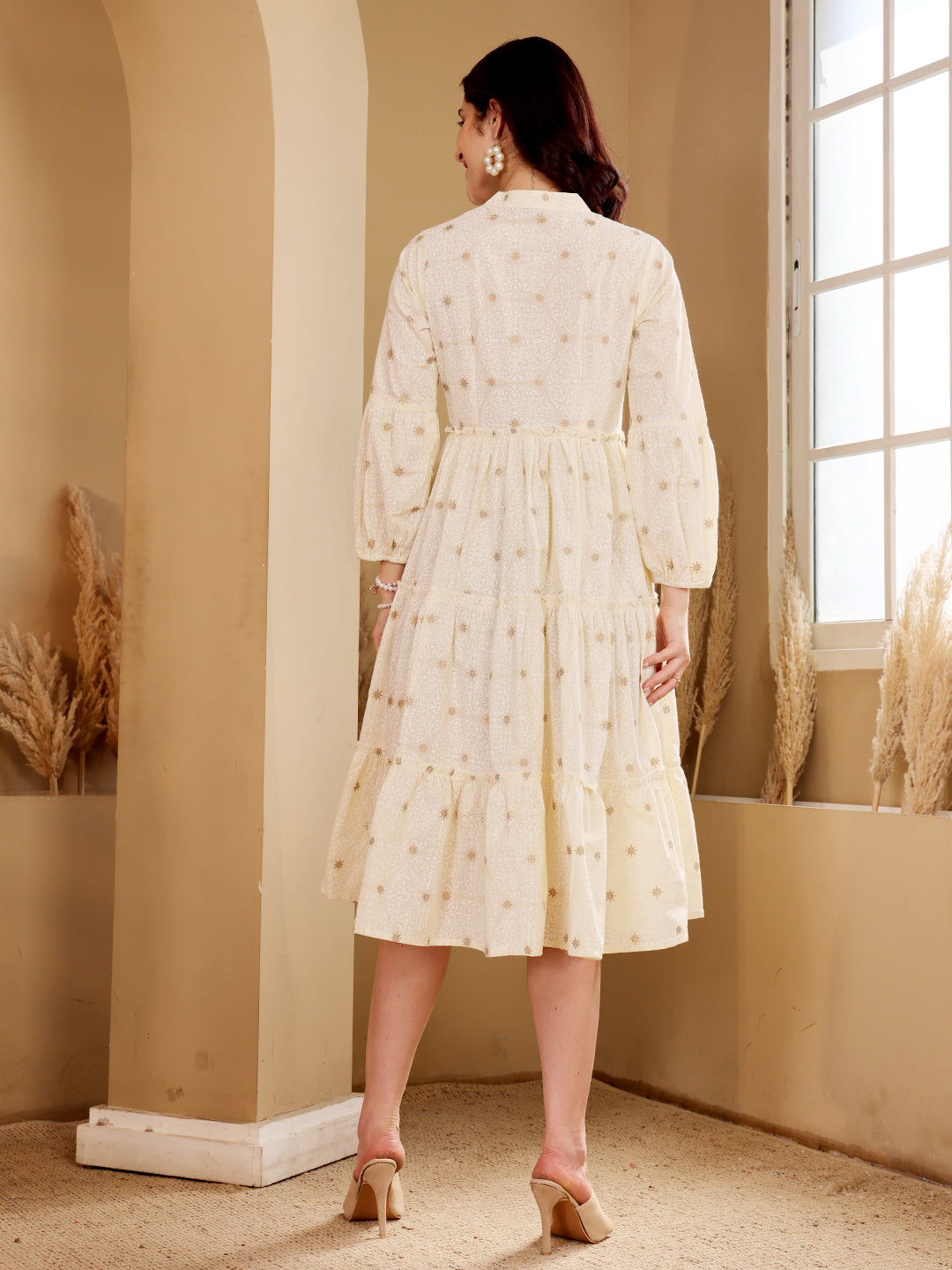 Elegant Cream Embroidered Floral Midi Dress With Long Sleeves