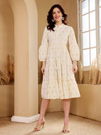 Elegant Cream Embroidered Floral Midi Dress With Long Sleeves