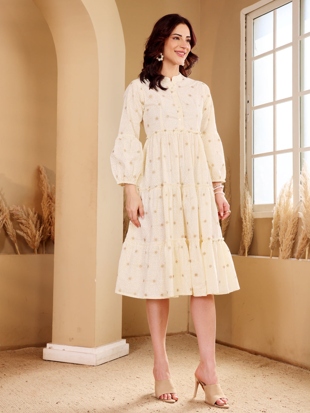 Elegant Cream Embroidered Floral Midi Dress With Long Sleeves