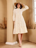 Elegant Cream Embroidered Floral Midi Dress With Long Sleeves