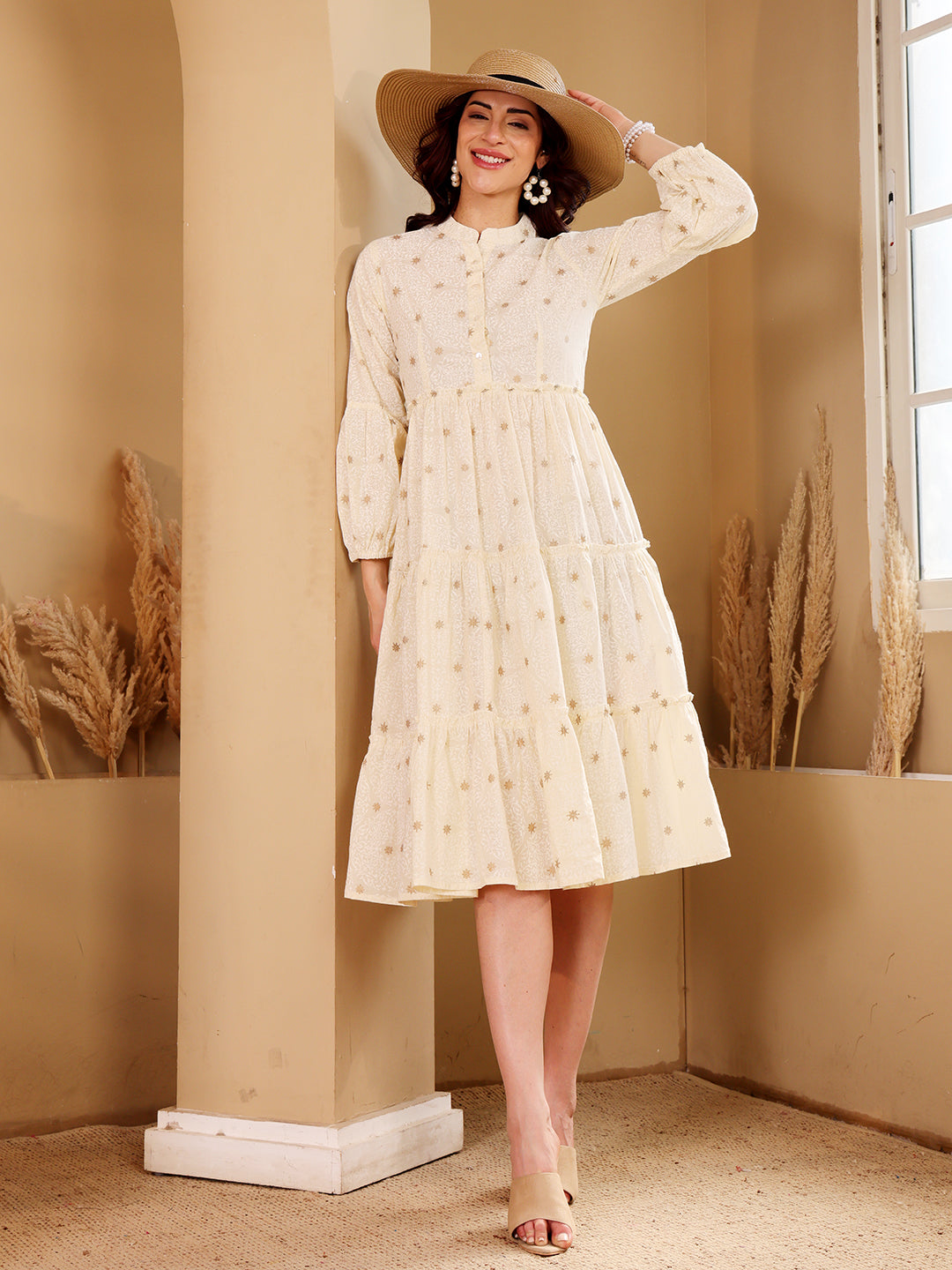Elegant Cream Embroidered Floral Midi Dress With Long Sleeves