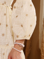 Elegant Cream Embroidered Floral Midi Dress With Long Sleeves