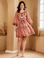 Dusty Rose Embroidered Tiered Dress With Waist Tie-Up