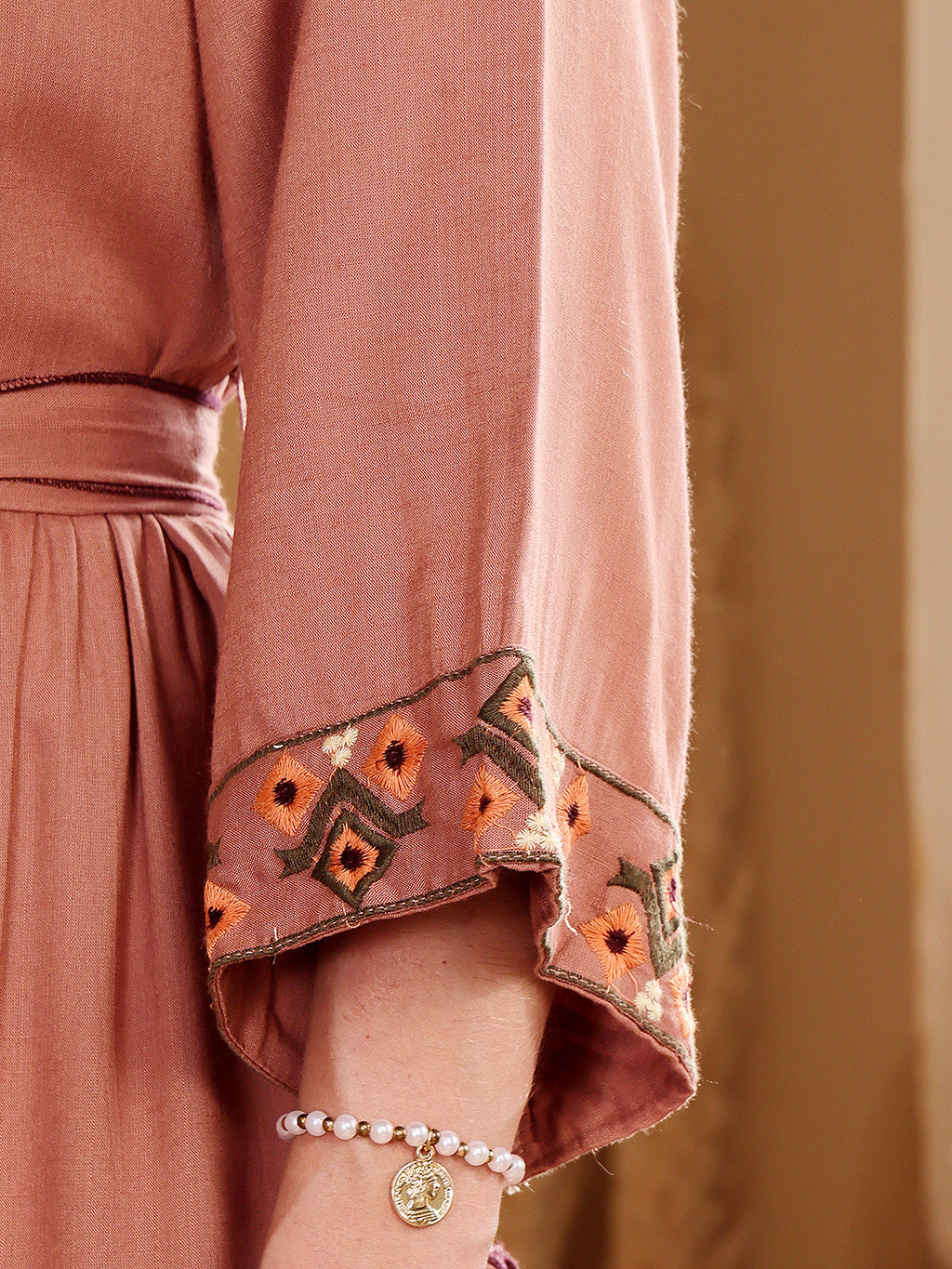 Dusty Rose Embroidered Tiered Dress With Waist Tie-Up