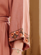 Dusty Rose Embroidered Tiered Dress With Waist Tie-Up