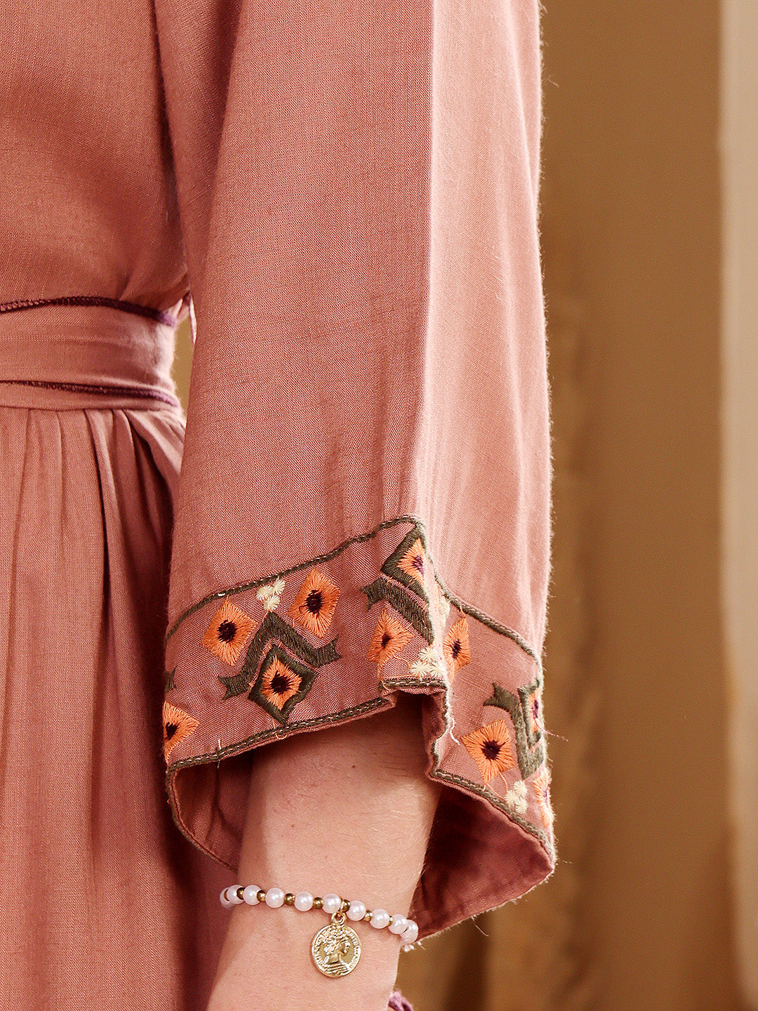 Dusty Rose Embroidered Tiered Dress With Waist Tie-Up