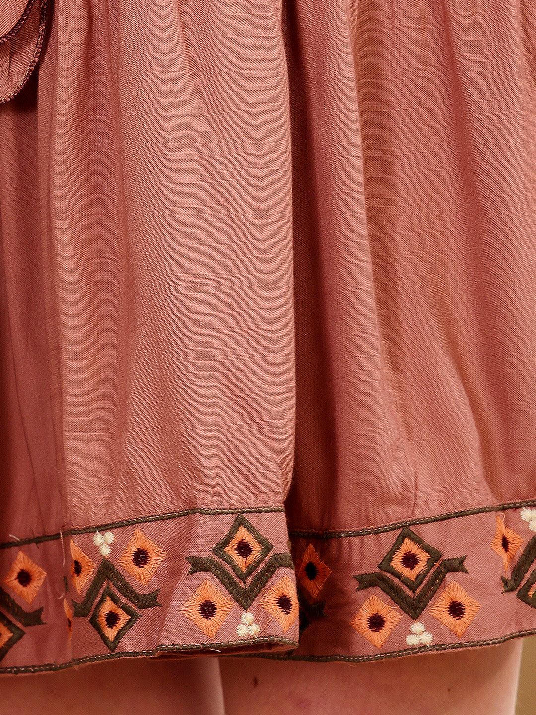 Dusty Rose Embroidered Tiered Dress With Waist Tie-Up