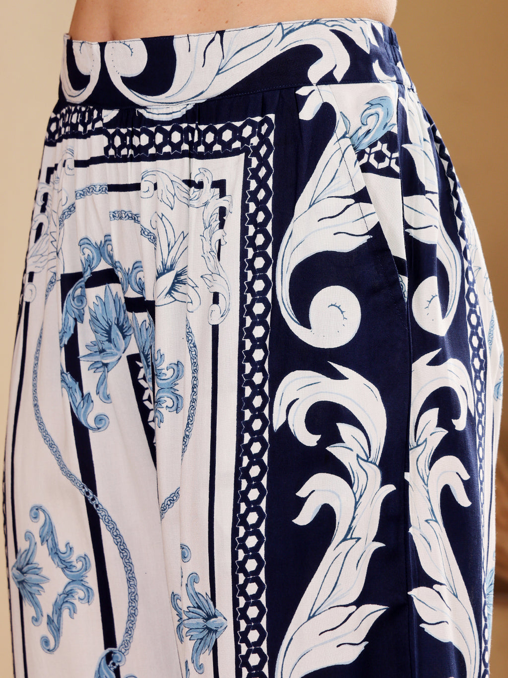 Women's Blue & White Baroque Print Co-Ord Set With Pearl Hoop Earrings