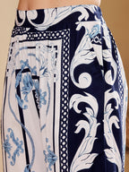 Women's Blue & White Baroque Print Co-Ord Set With Pearl Hoop Earrings