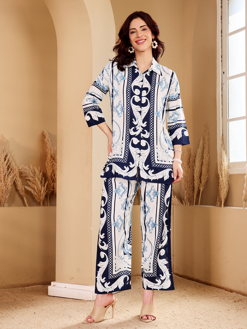 Women's Blue & White Baroque Print Co-Ord Set With Pearl Hoop Earrings