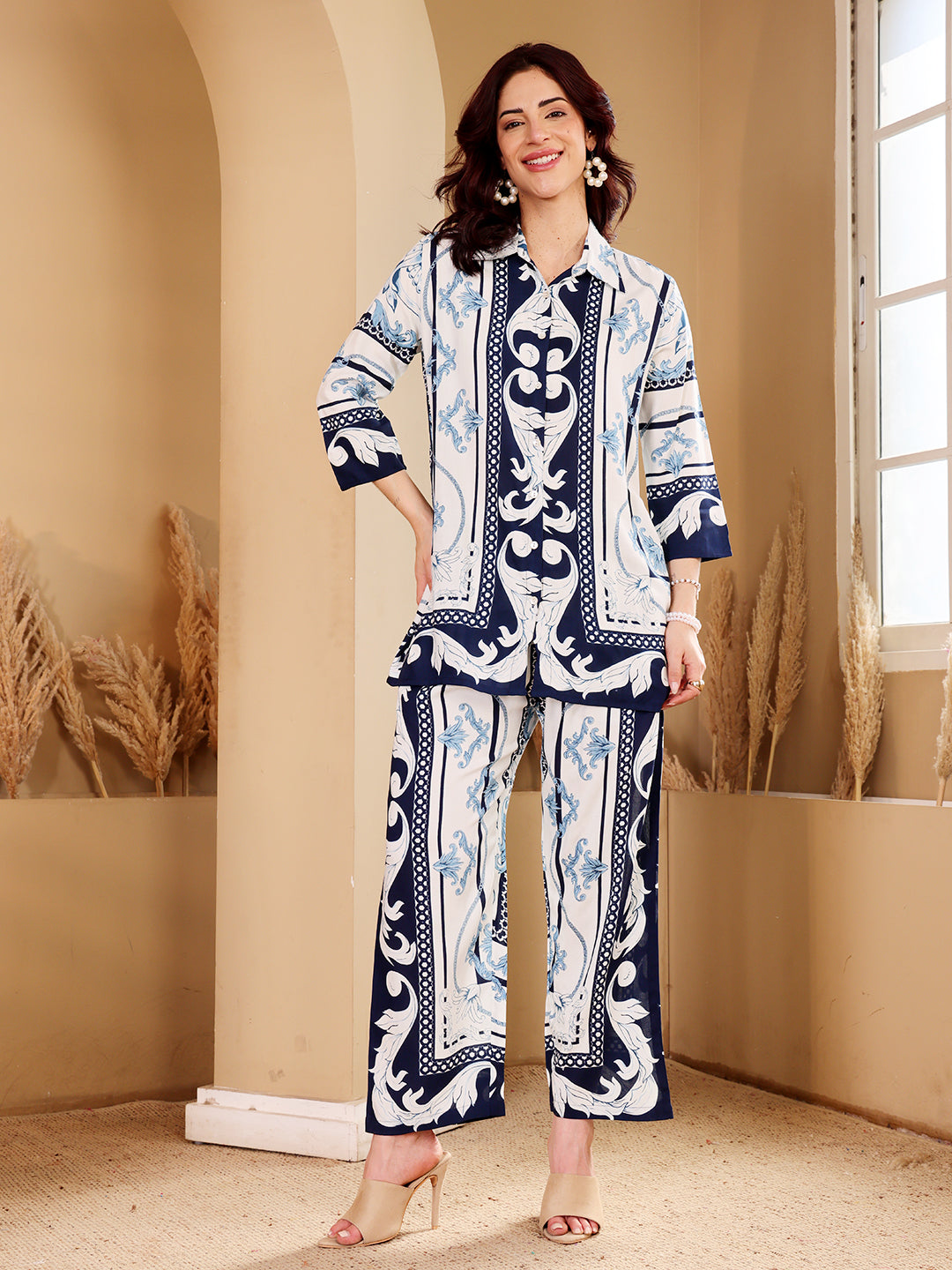 Women's Blue & White Baroque Print Co-Ord Set With Pearl Hoop Earrings