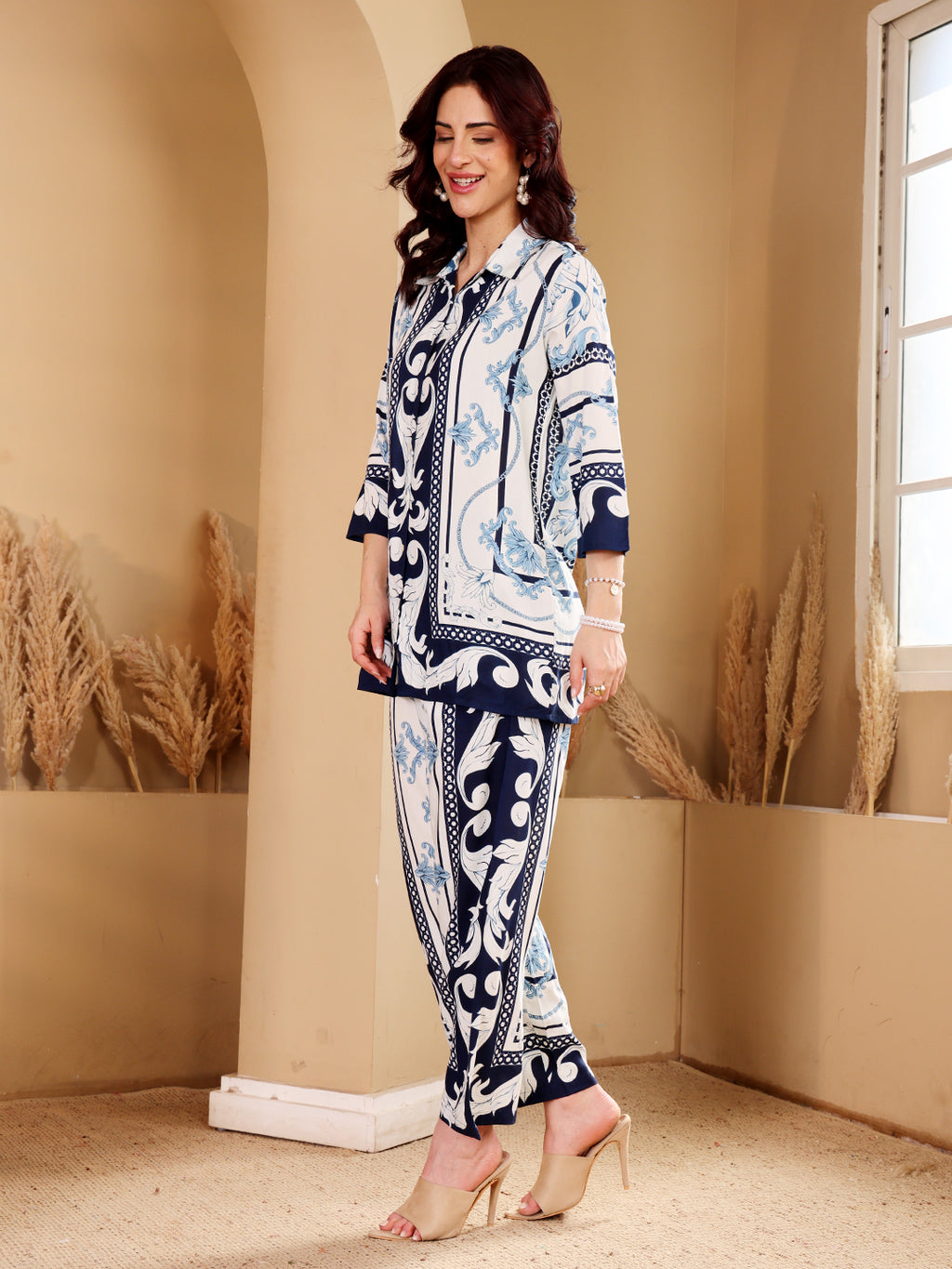 Women's Blue & White Baroque Print Co-Ord Set With Pearl Hoop Earrings