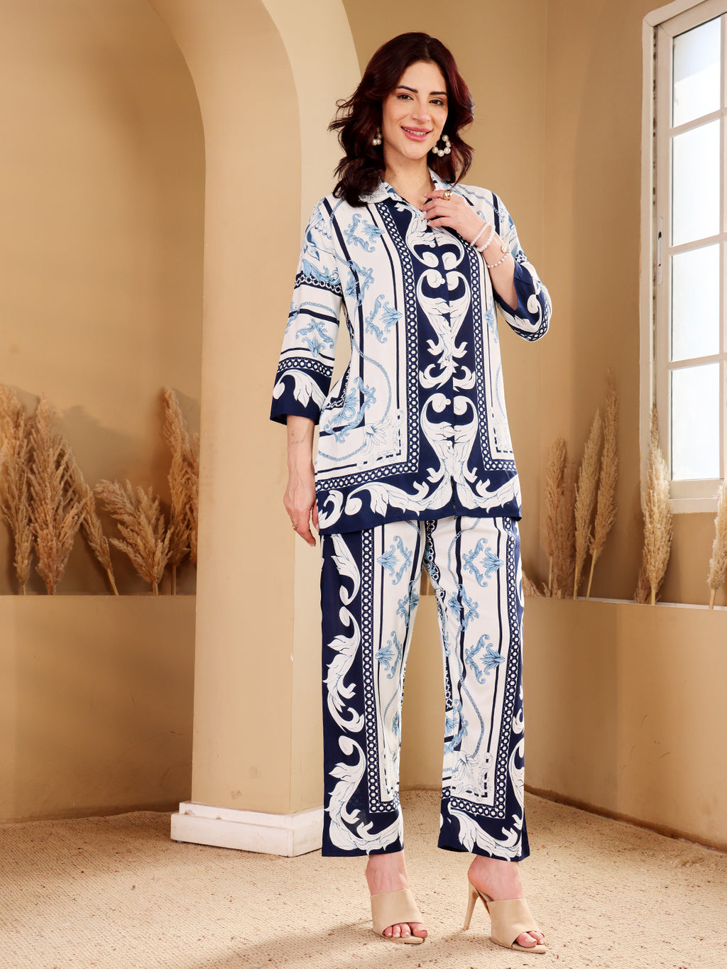 Women's Blue & White Baroque Print Co-Ord Set With Pearl Hoop Earrings