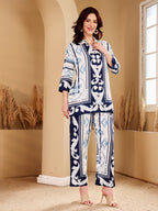 Women's Blue & White Baroque Print Co-Ord Set With Pearl Hoop Earrings