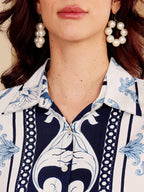 Women's Blue & White Baroque Print Co-Ord Set With Pearl Hoop Earrings