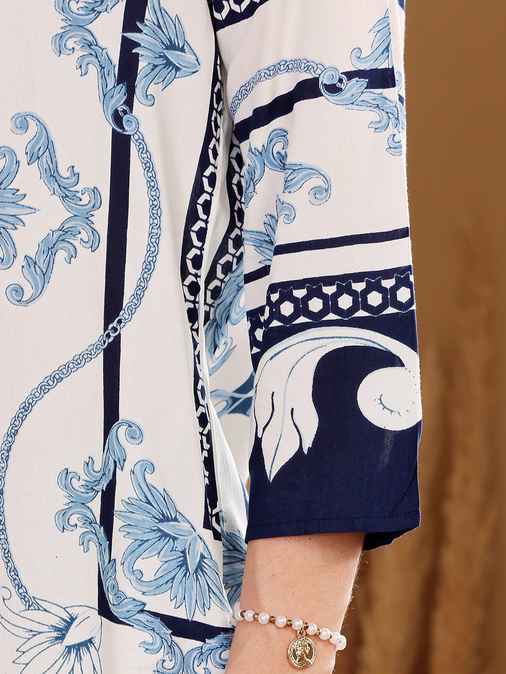 Women's Blue & White Baroque Print Co-Ord Set With Pearl Hoop Earrings