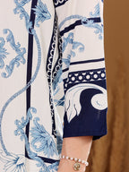 Women's Blue & White Baroque Print Co-Ord Set With Pearl Hoop Earrings