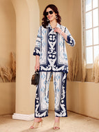 Women's Blue & White Baroque Print Co-Ord Set With Pearl Hoop Earrings