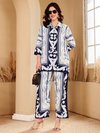 Women's Blue & White Baroque Print Co-Ord Set With Pearl Hoop Earrings