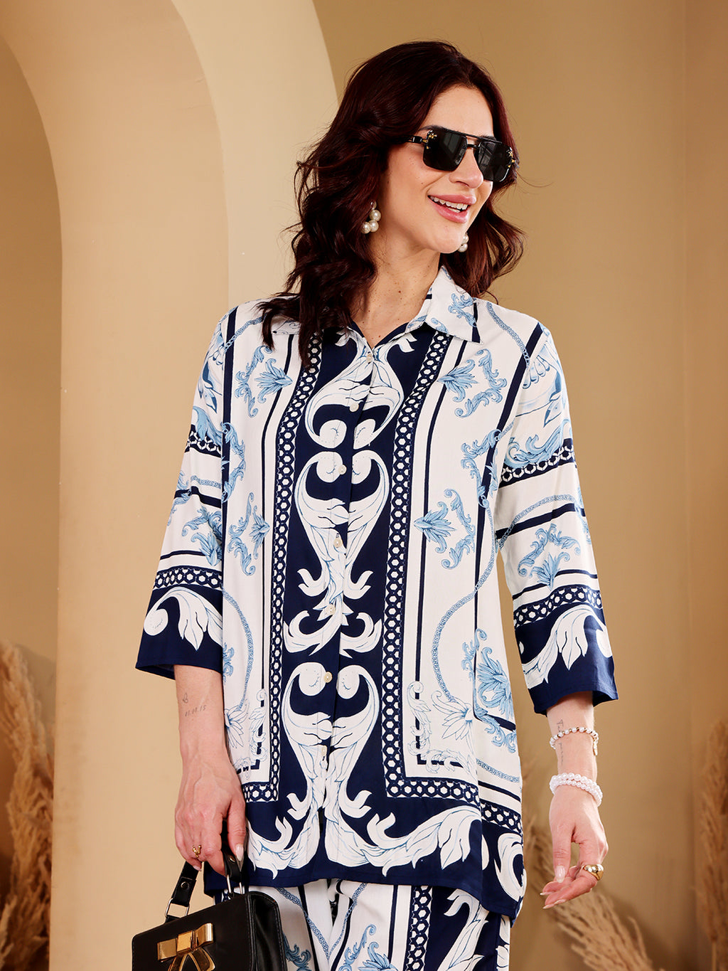 Women's Blue & White Baroque Print Co-Ord Set With Pearl Hoop Earrings