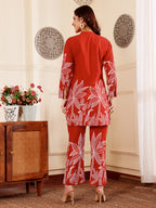 Crimson Red Botanical Printed Co-Ord Set With Statement Leaf Motif