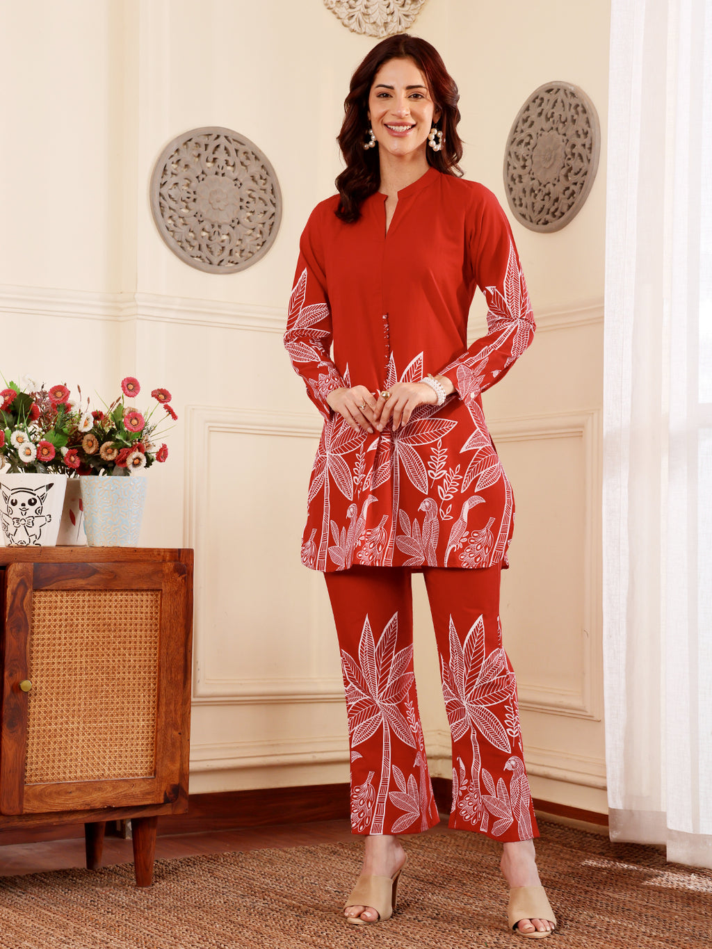 Crimson Red Botanical Printed Co-Ord Set With Statement Leaf Motif