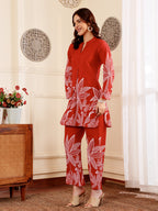Crimson Red Botanical Printed Co-Ord Set With Statement Leaf Motif