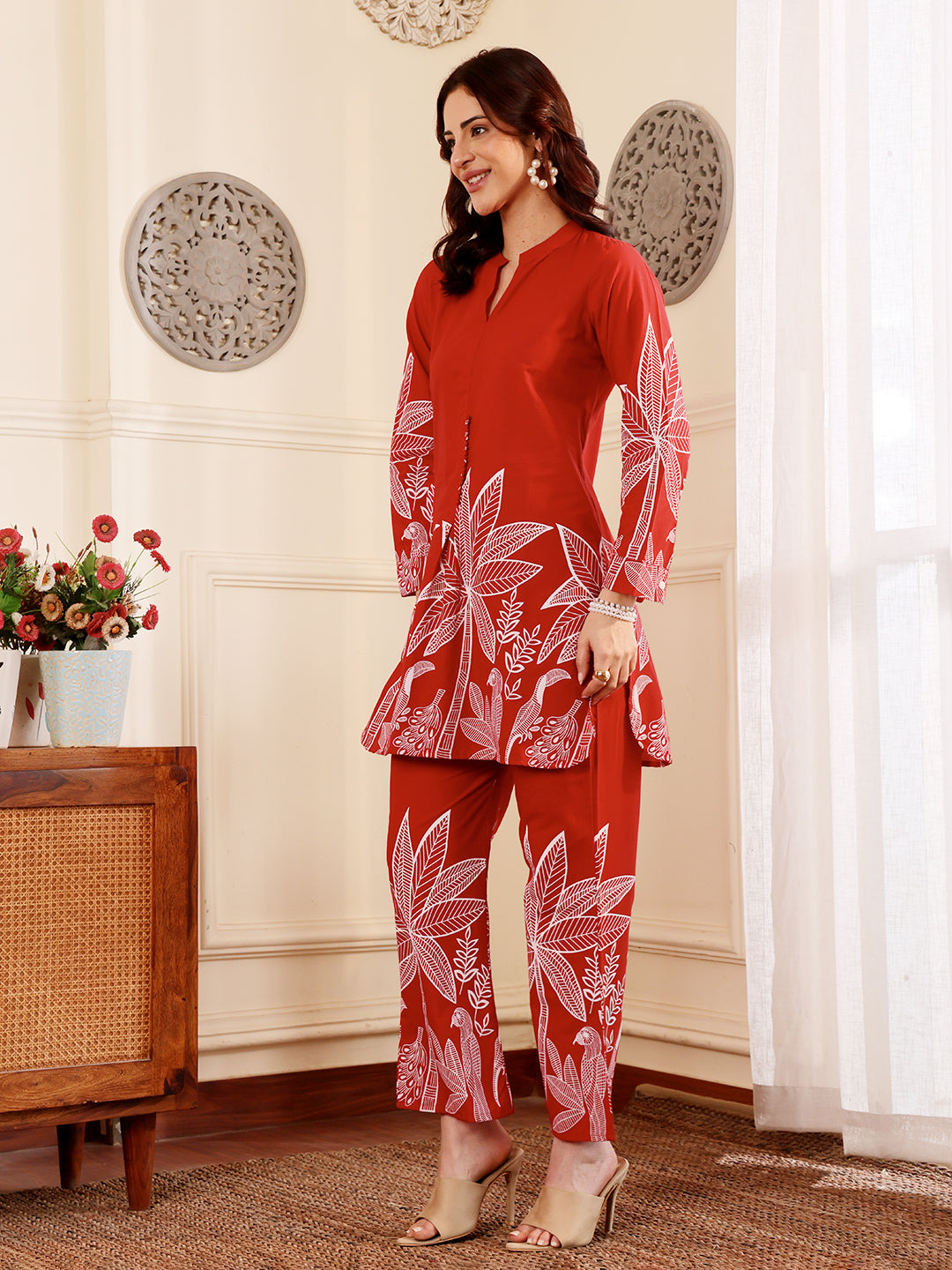 Crimson Red Botanical Printed Co-Ord Set With Statement Leaf Motif