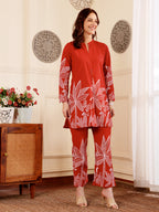 Crimson Red Botanical Printed Co-Ord Set With Statement Leaf Motif