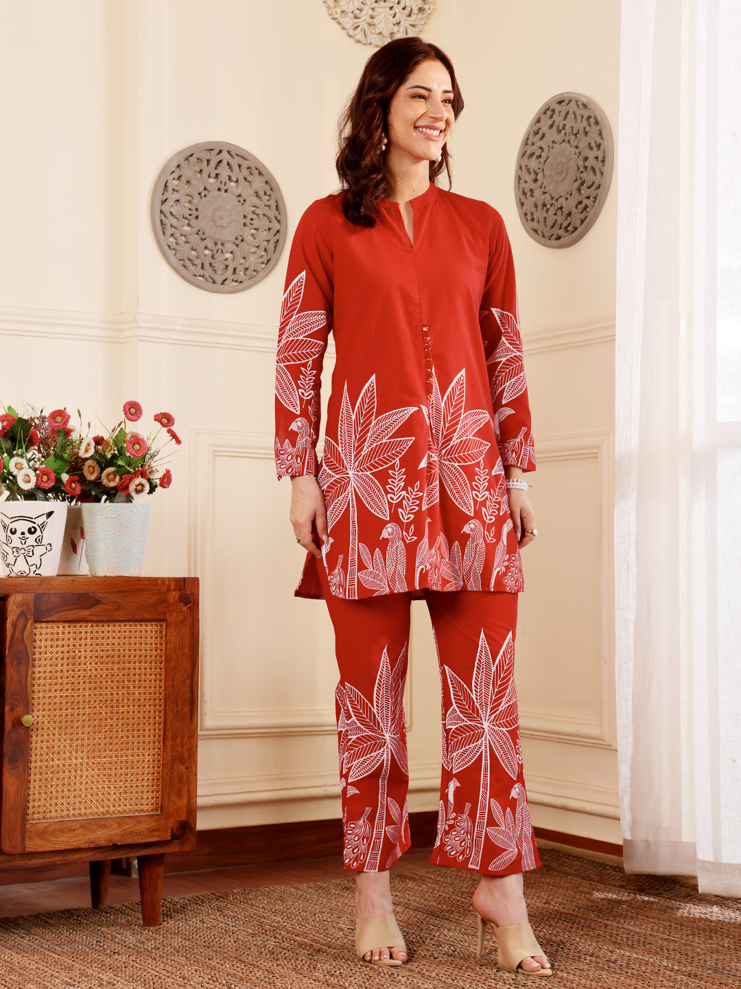 Crimson Red Botanical Printed Co-Ord Set With Statement Leaf Motif