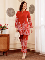 Crimson Red Botanical Printed Co-Ord Set With Statement Leaf Motif