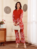 Crimson Red Botanical Printed Co-Ord Set With Statement Leaf Motif