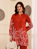 Crimson Red Botanical Printed Co-Ord Set With Statement Leaf Motif