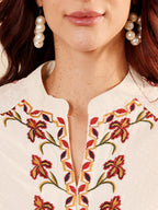 Elegant White Embroidered Floral Kurti With Mandarin Collar