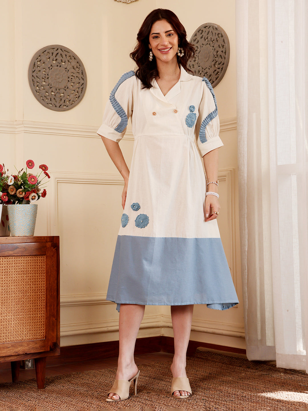 White And Blue Color Block Midi Dress With Floral Embroidery