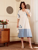 White And Blue Color Block Midi Dress With Floral Embroidery