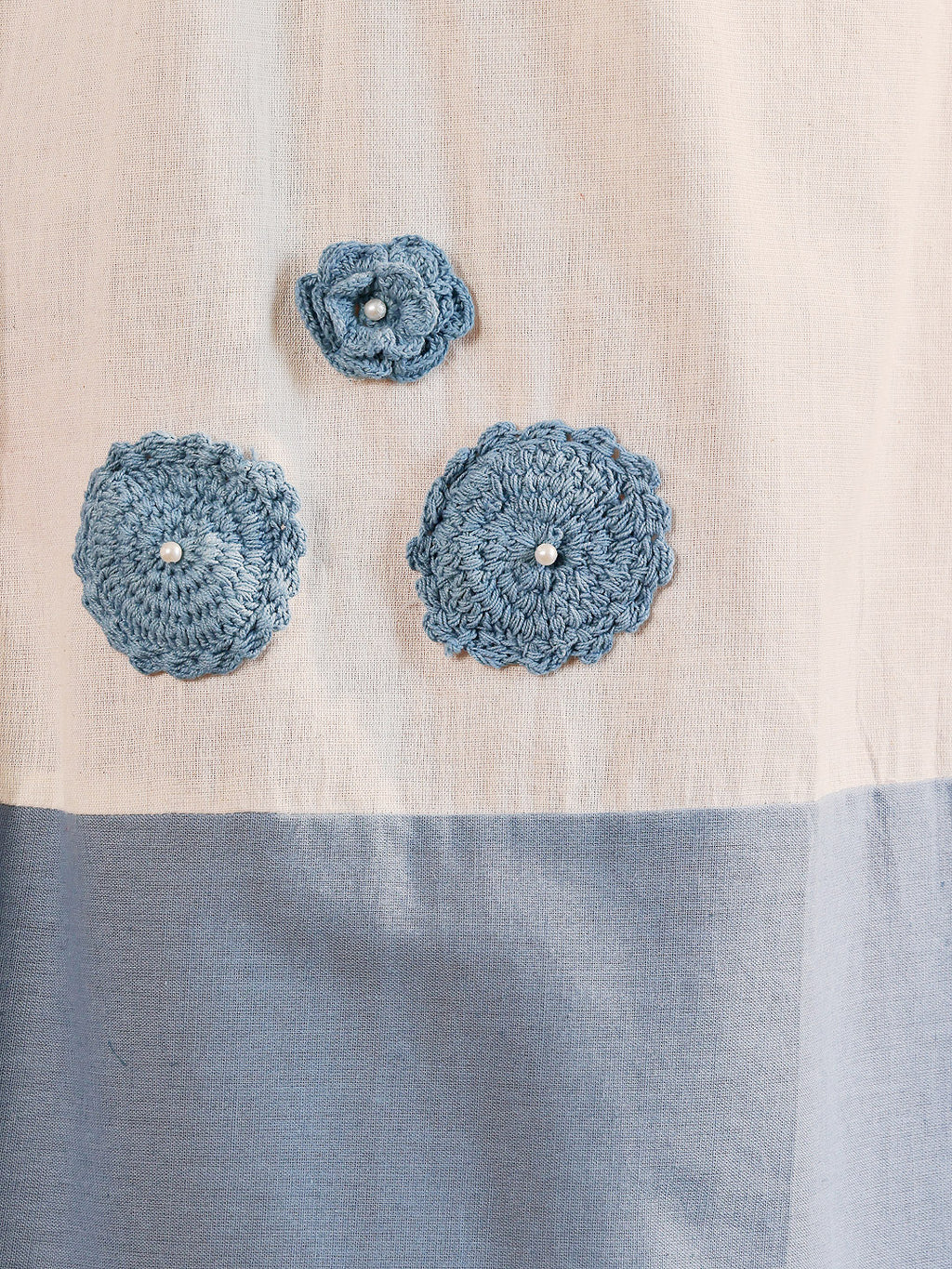 White And Blue Color Block Midi Dress With Floral Embroidery