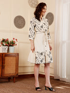 White Floral Embroidered Dress With Belt For Women