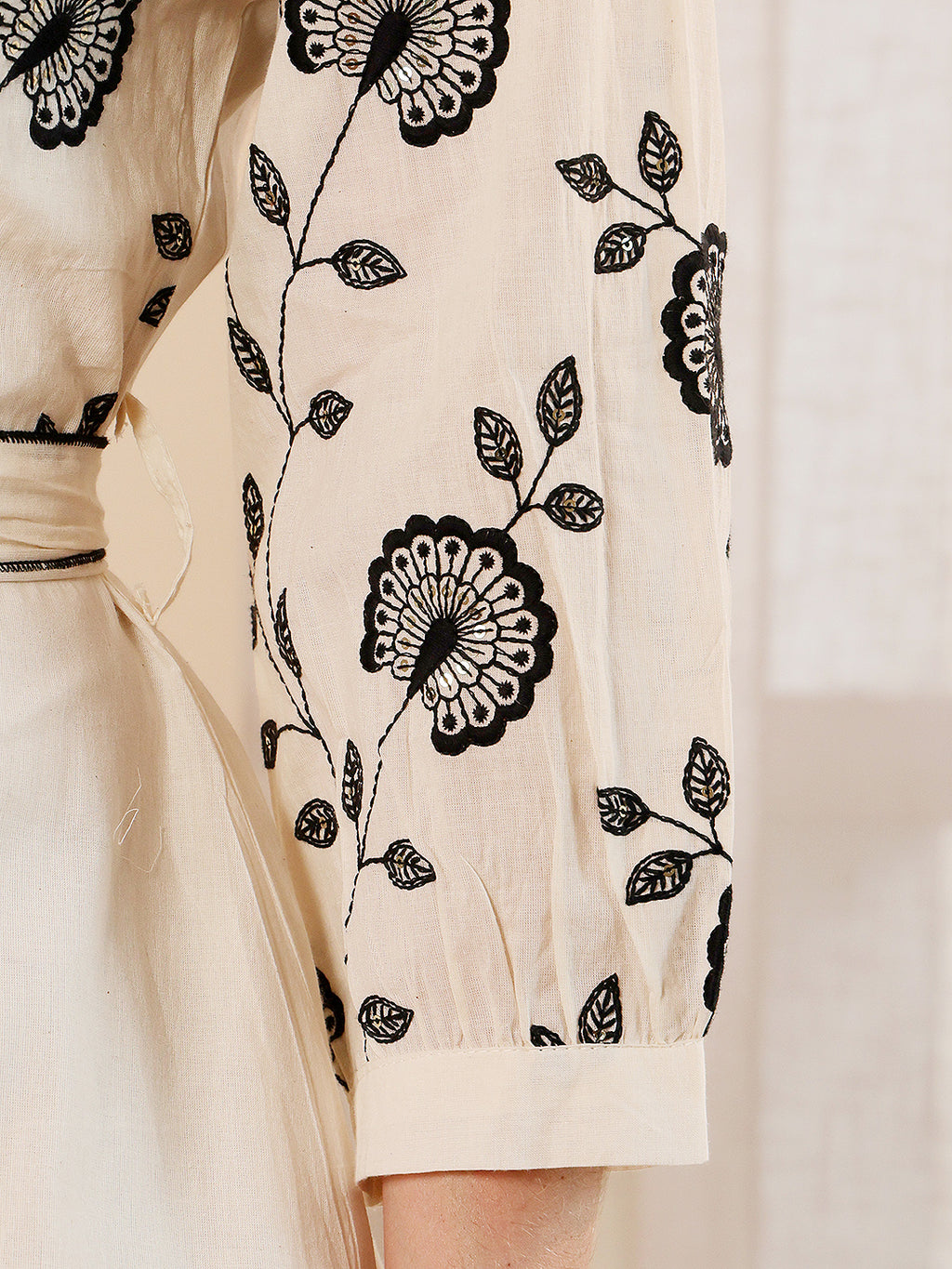 White Floral Embroidered Dress With Belt For Women