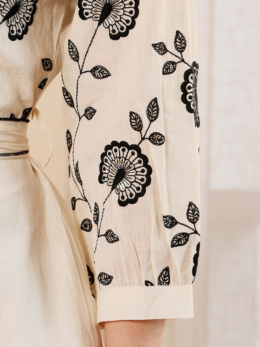 White Floral Embroidered Dress With Belt For Women