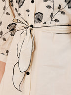 White Floral Embroidered Dress With Belt For Women