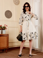 White Floral Embroidered Dress With Belt For Women