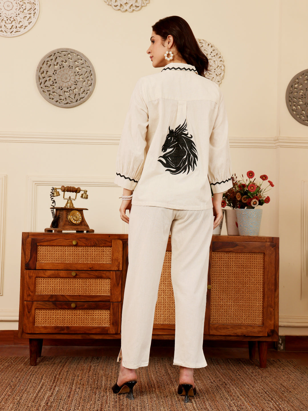 White Embroidered Co-Ord Set With Black Trim